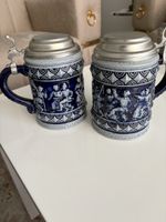 2x Antike Bierkrüge mit Zinndeckel, Kobaltblau, Top!