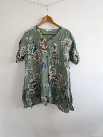 Leinen Tunika Bluse Gr.XL Grün mit Blumenmuster