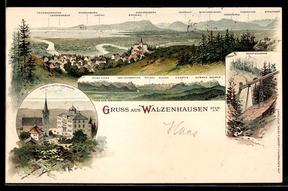 Cartoline postali: Litho Walzenhausen, Kirche, Hotel Rheinb – Usato da Berlin venduto da bartko-reher