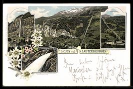 Lithographie Lauterbrunnen, Trümmelbachfall, Staubbach, Mürr