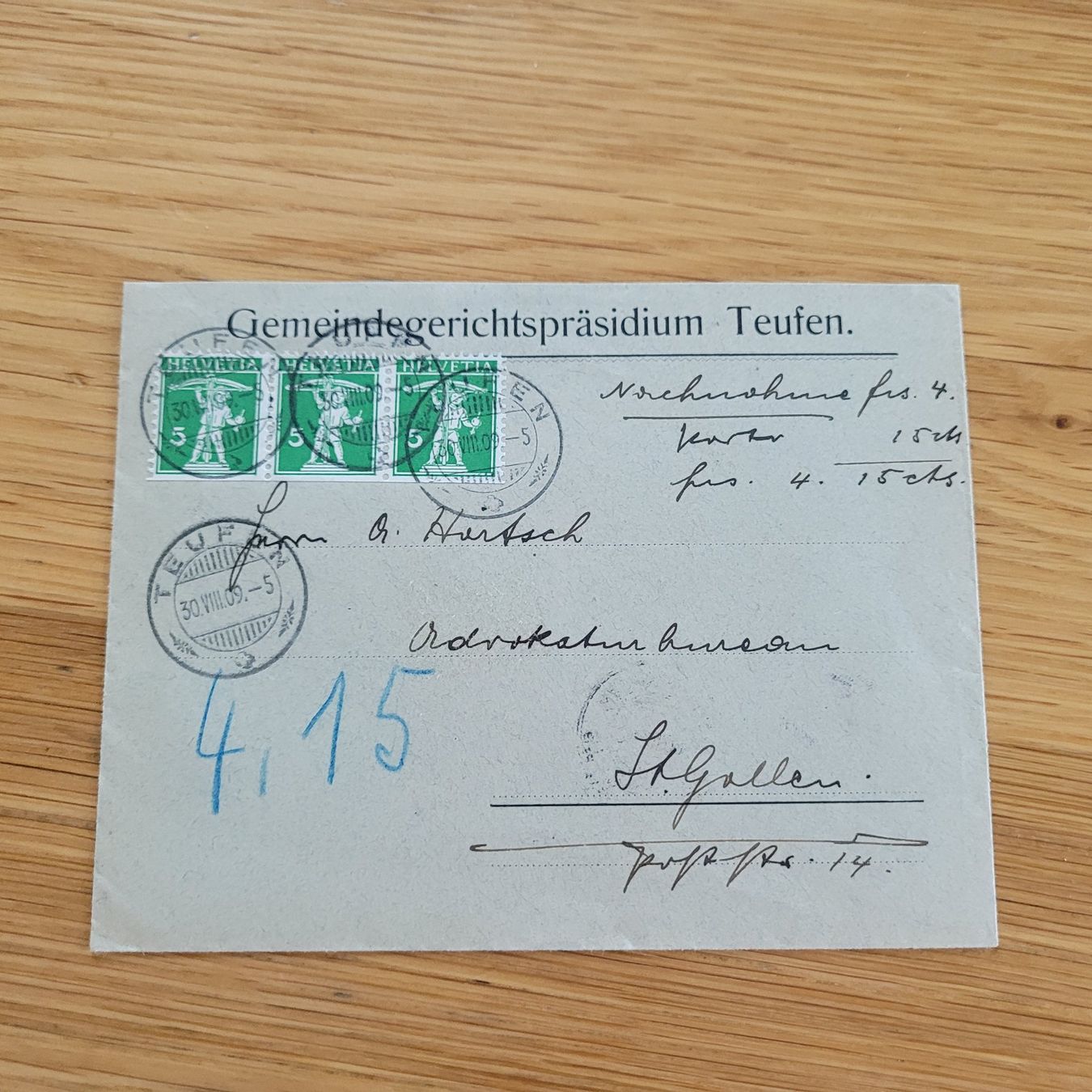 Tutti i francobolli: Dokument Teufun 1909 St.Gallen – Usato da Biel/Bienne venduto da Destockweb