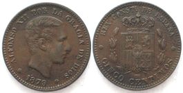 SPANIEN 5 Centimos 1879 OM ALFONSO XII. Bronze f.unz