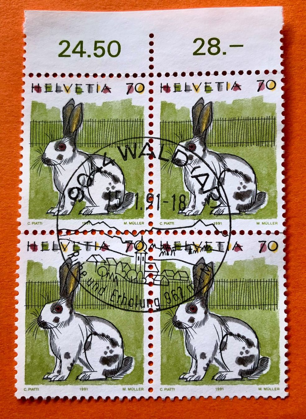 Alle Briefmarken: 4 er Block Nr.791 mit Stempel  Wald(AR)   – Gebraucht aus Aarau von Billa007