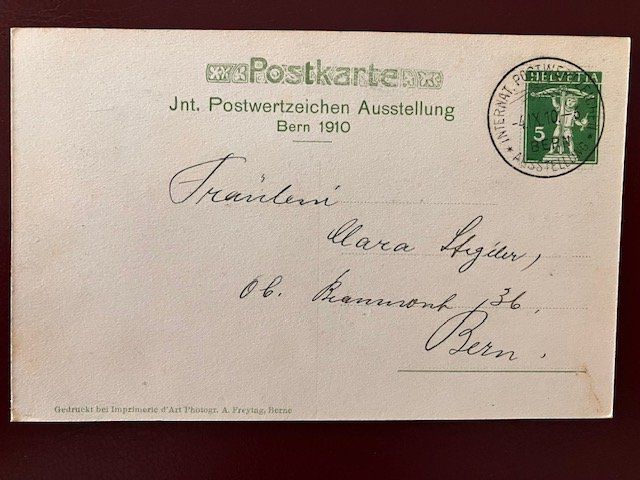 Ansichtskarten: 1910: Int. Postwertzeichenausstellung Bern – Gebraucht aus Rubigen von Menthe