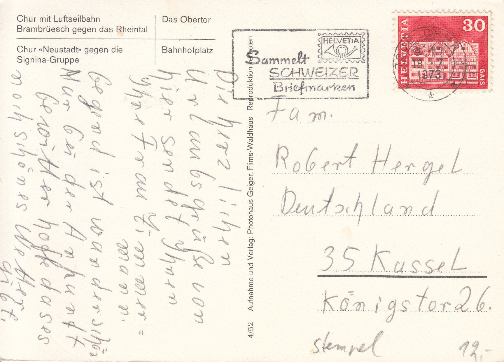 Cartoline postali: Chur 1971 – Usato da Bürglen TG venduto da StampGraf 1