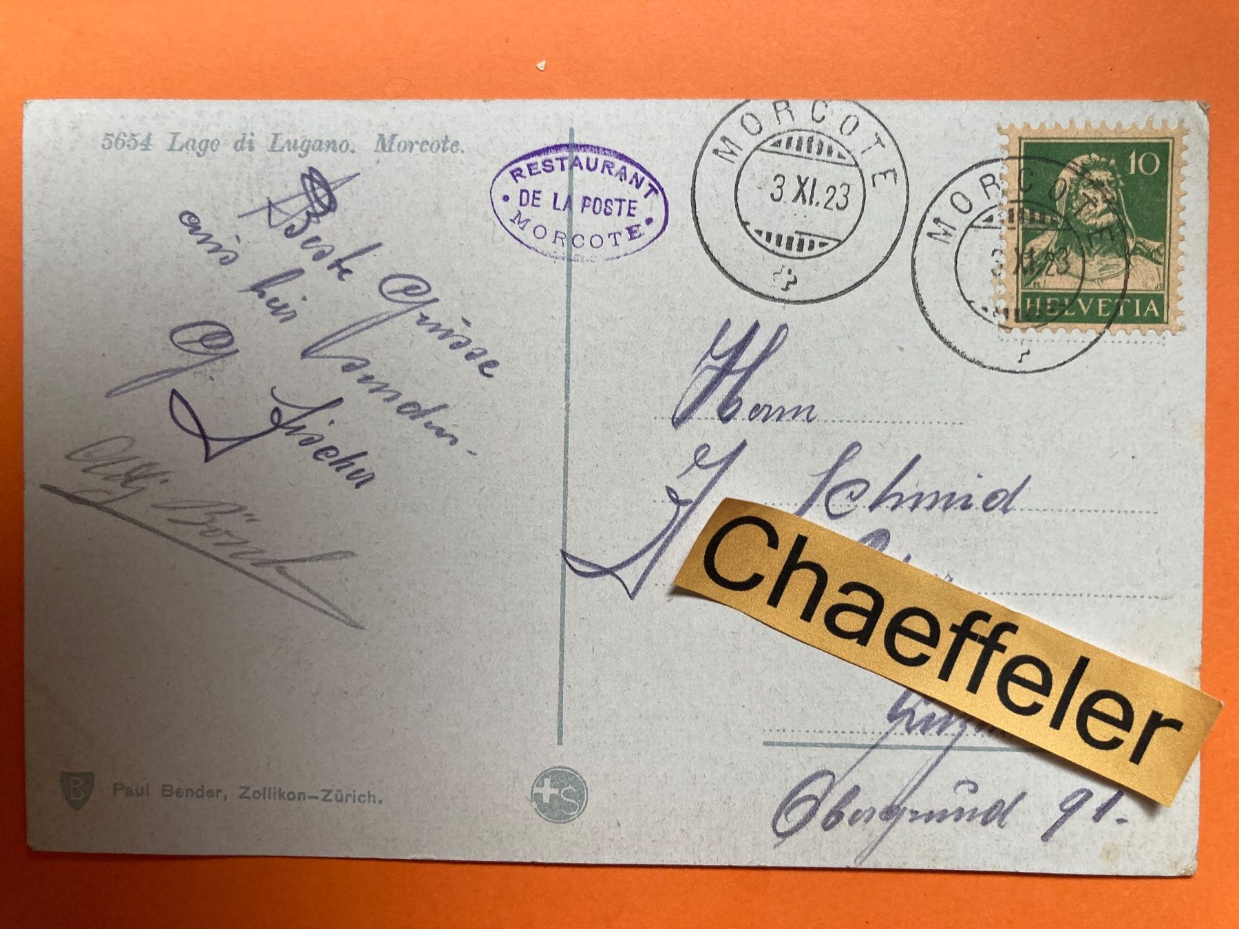 Cartoline postali: 1923  5654 Lago di Lugano. Morcote – Usato da Zürich venduto da Chaeffeler 1