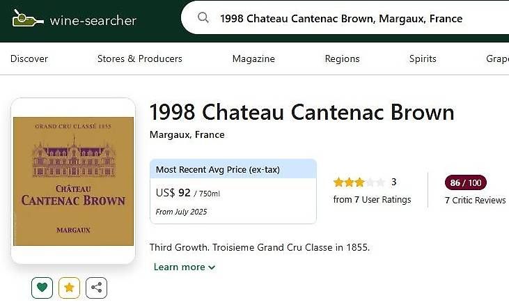 Wein: Chateau Cantenac Brown 1998 – Gebraucht aus Porza von Marti24 1