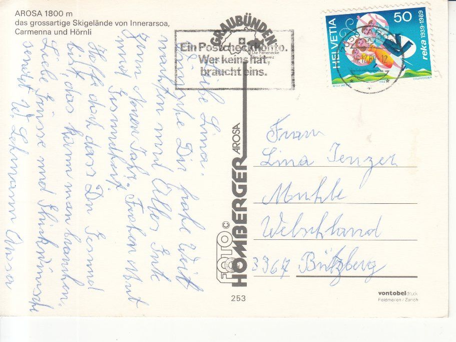 Cartoline postali: Arosa 1989 – Usato da Bürglen TG venduto da StampGraf 1