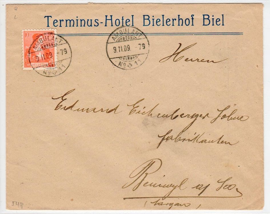 Brief, Terminus Hotel Bielerhof Biel -Ambulant -Beinwil a.S. 1