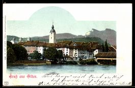 AK Olten, Ortsansicht mit Kirche und gedeckter Brücke am Flu