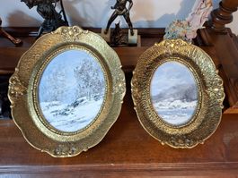 2er Set Oval Gemälde Winterlandschaft Prunkrahmen