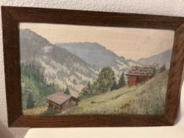 Tableau paysage montagne chalet bois 