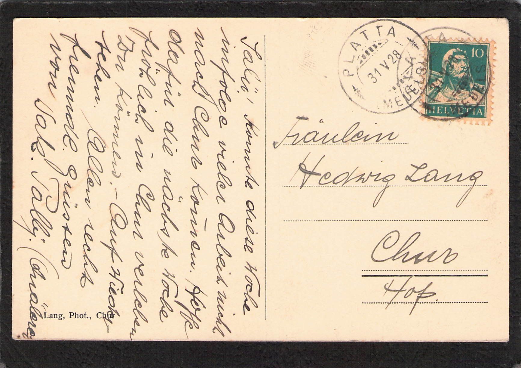 Ansichtskarten: Medels - Platta GR , gel. 1928 – Gebraucht aus Reichenburg von Pipo-67 1