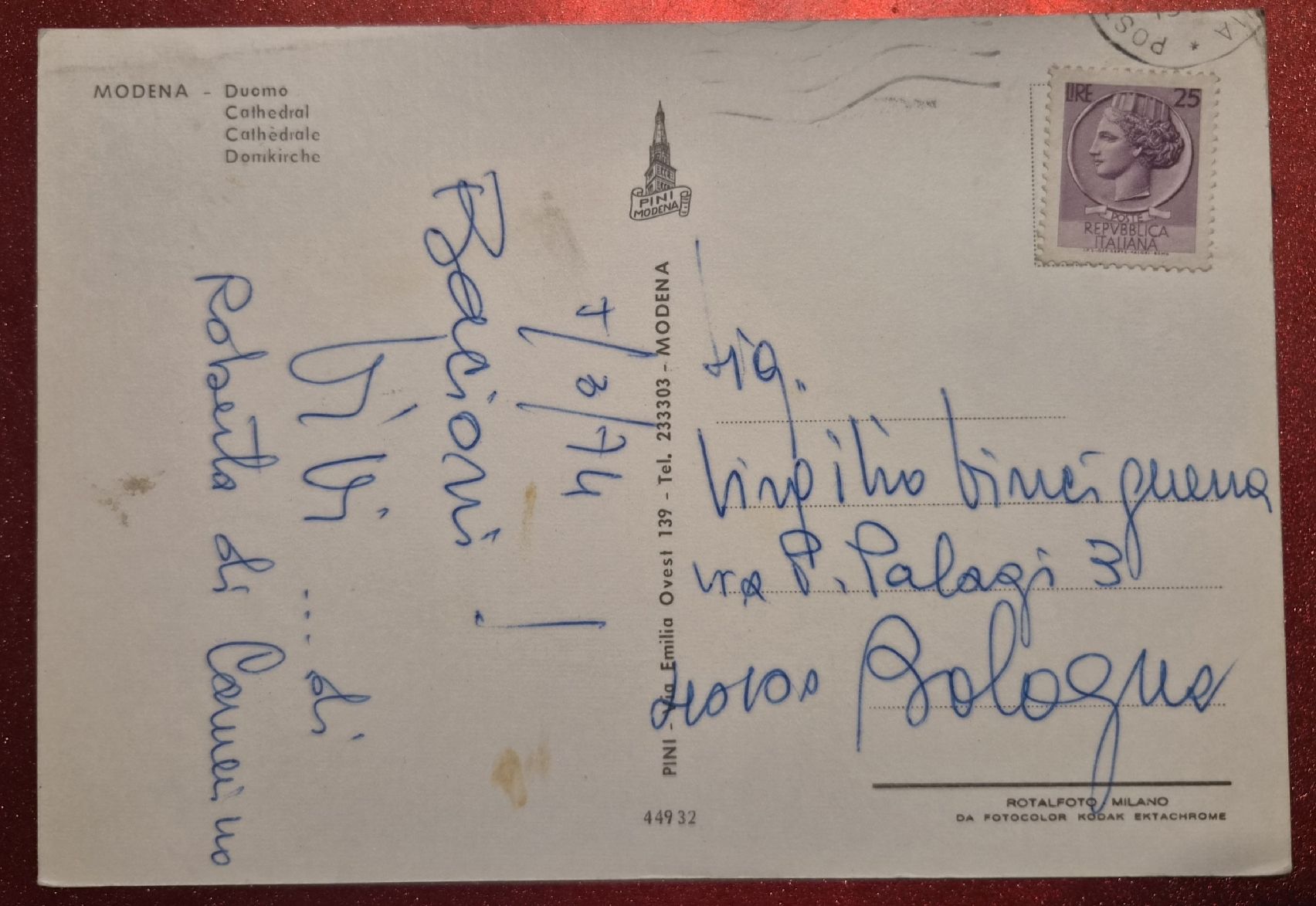 Cartoline postali: Modena Duomo 1974 – Usato da Melchnau venduto da Fishel 1