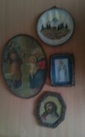 4 religiöse Bilder mit Drahtumrandung, Vintage Stil