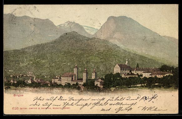 Cartoline postali: Brigue, Stadtansicht mit Kirche und Berg – Usato da Berlin venduto da bartko-reher
