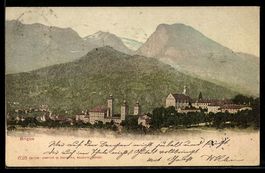 Brigue, Stadtansicht mit Kirche und Berg