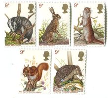 Briefmarken "Igel, Hase, Dachs, Eichhörnchen". England