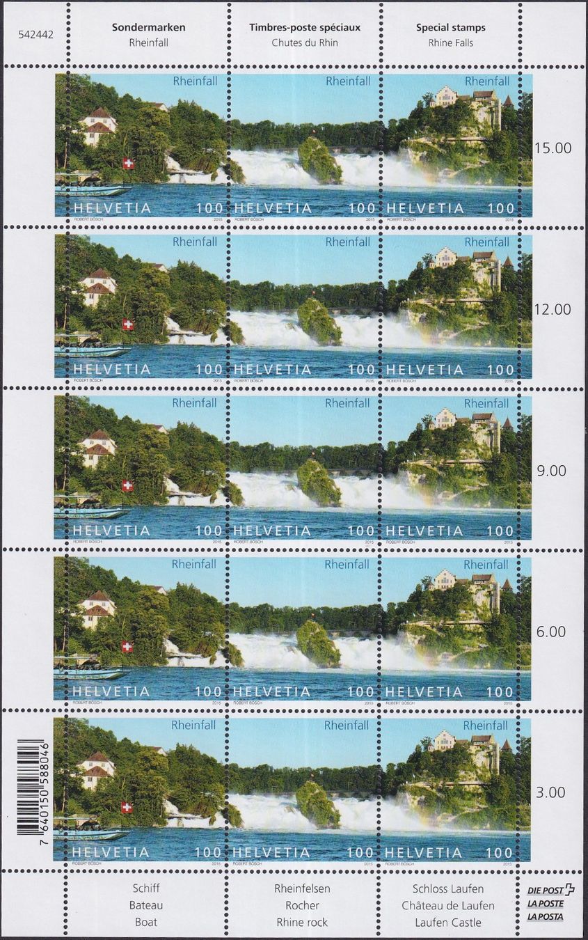 Tutti i francobolli: 2015, OZ237 (Rheinfall) Zierbogen postfrisch ** – Usato da Sursee venduto da Luzernerraute