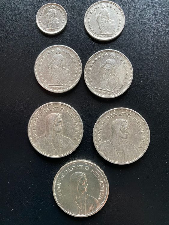 Schweizer Silbermünzen/ 50 Rp./CHF 1/CHF 2/CHF 5, sehr schön 2