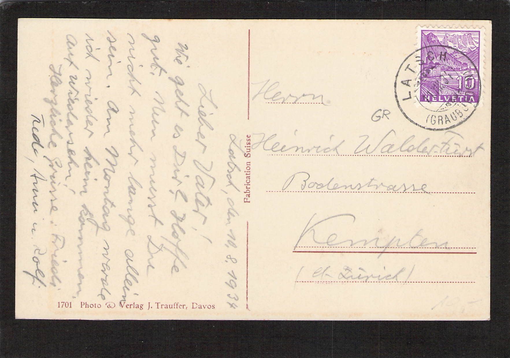 Cartoline postali: Latsch im Albulatal , gel . 1934 – Usato da Reichenburg venduto da Pipo-67 1