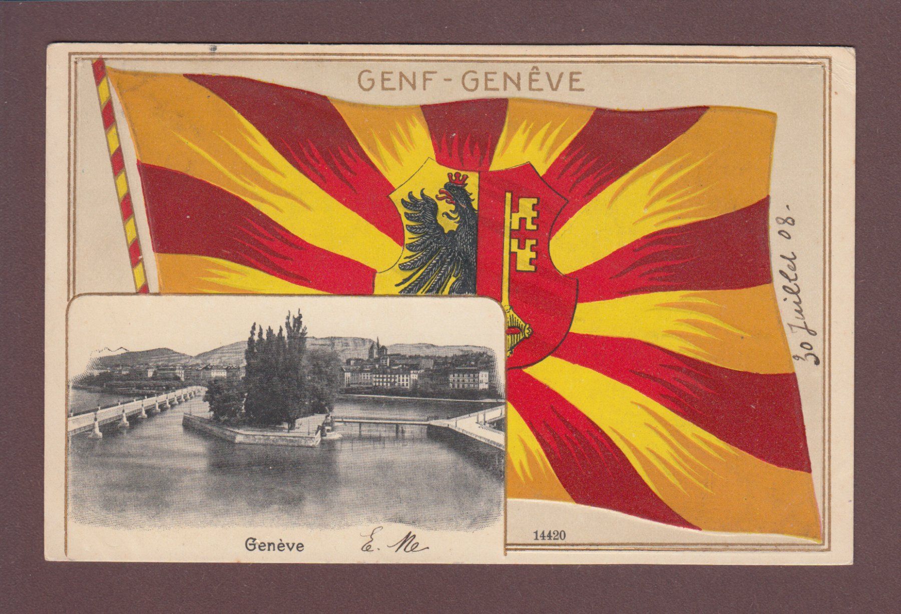 Cartoline postali: GENEVE et Drapeau - 1908 – Usato da Pully venduto da nicecards