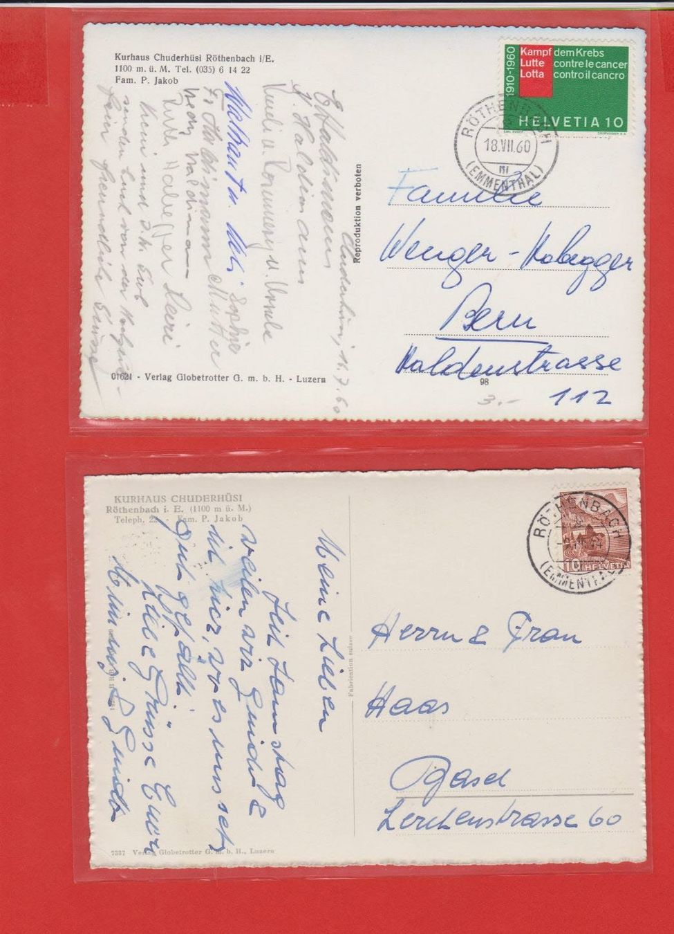 Ansichtskarten: Chuderhüsi Emmental  -  2 ältere Ansichtskarten 1944 + 1960 – Gebraucht aus Vitznau von Ropaku 1