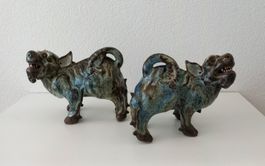 Qing Dyn. Löwenpaar (Fu-Hunde) Keramik/zweifarbiger Glasur