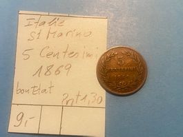 ITALIE / SAN MARINO : 5 CENTESIMI 1869 - bon état