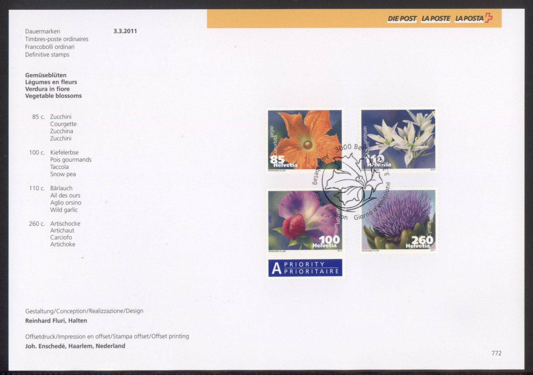 Tutti i francobolli: 2011, Sammelblatt, Dauermarken Gemüseblüten, Nr. 772 – Usato da Willisau venduto da Vollstempel
