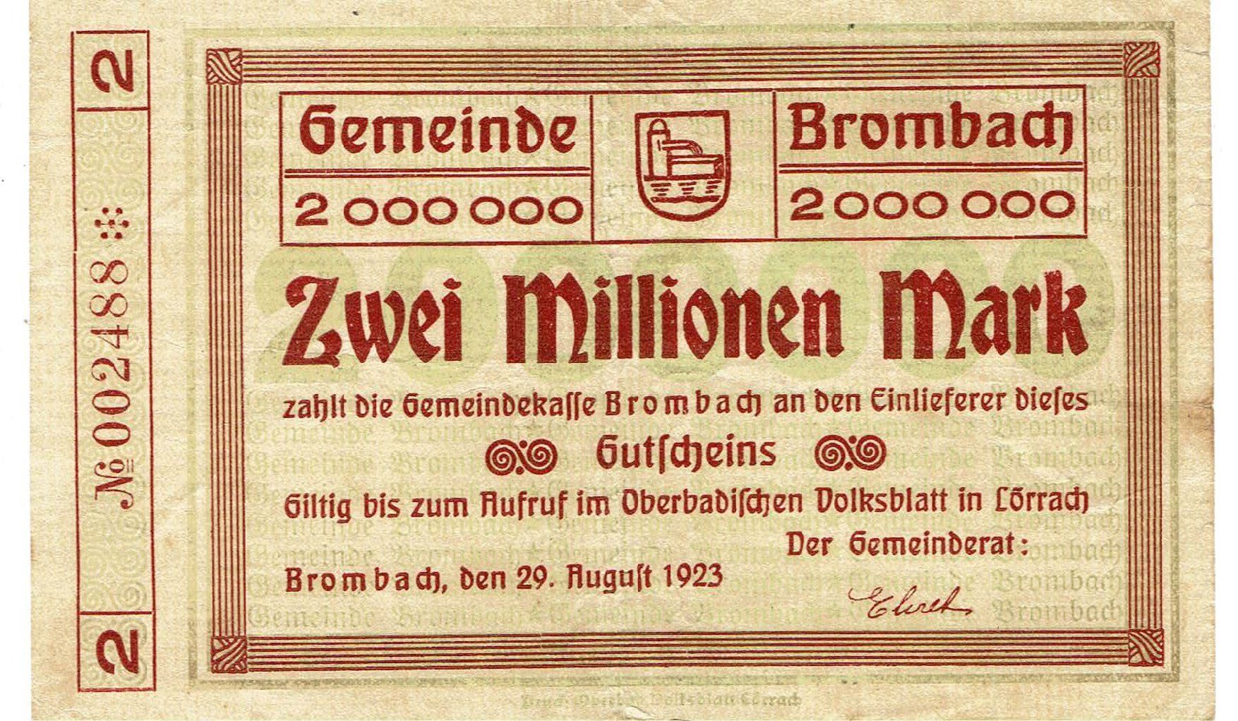 Banconote: Brombach 2 Mil.Mark 29.08.1923 SS++-VZ – Usato da Steffisburg venduto da ber_8htf