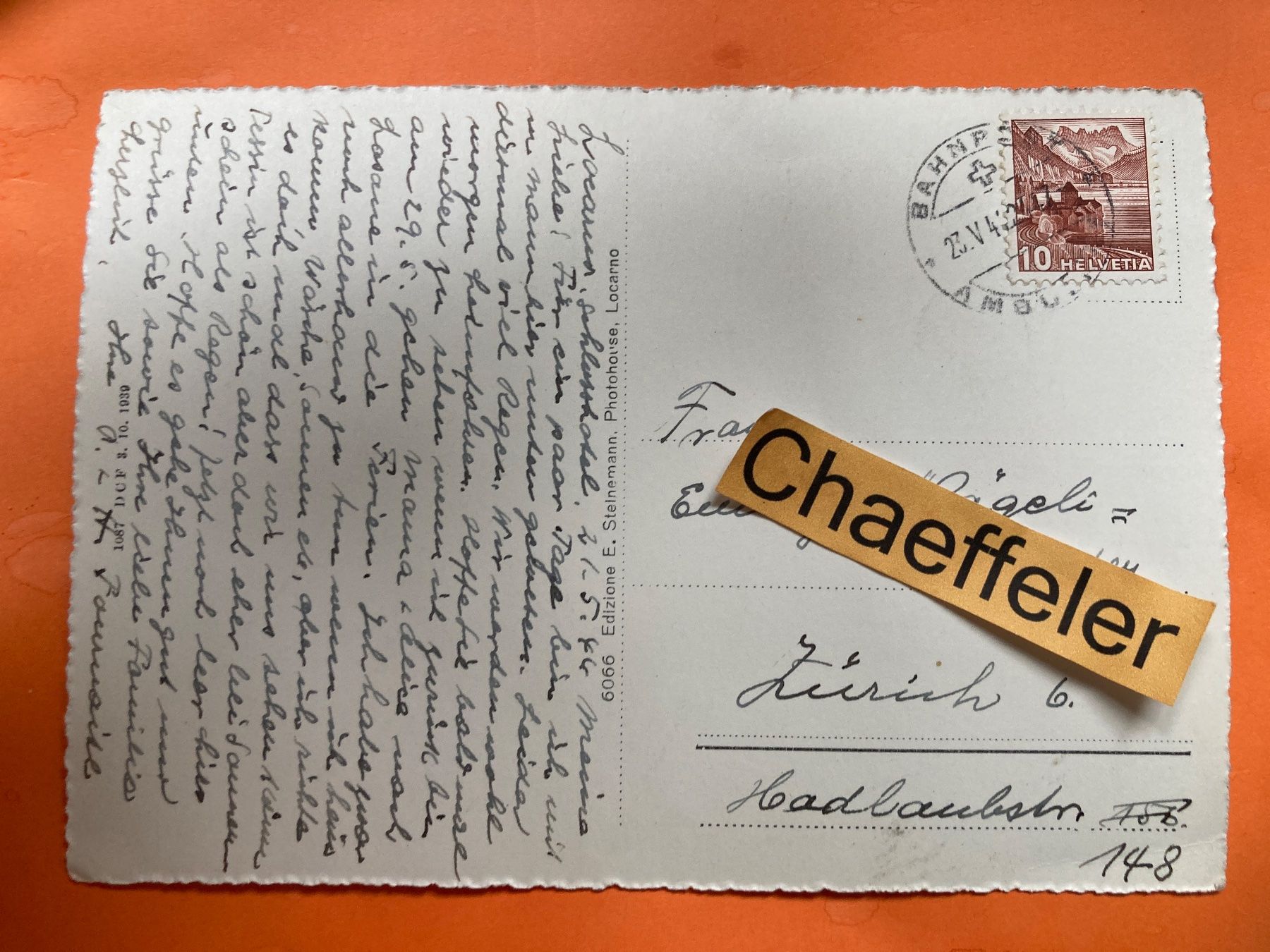 Cartoline postali: 1944 Locarno.  Magnolie – Usato da Zürich venduto da Chaeffeler 1