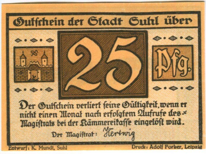 Banknoten: Notgeld "25 Pfennig. Suhl" – Gebraucht aus Basel von Butsch5 1