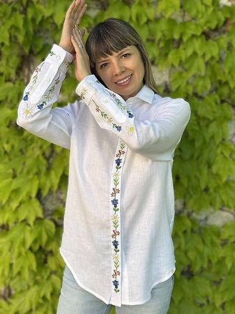 Damen Leinenhemd mit Edelweiss Stickerei Weiss