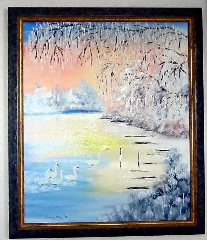 Gemälde: Winter Serie 3 Bildern  Gletscherblick Uferzone Alphütten – Neu und originalverpackt aus Eschenbach von Alicekunst 3