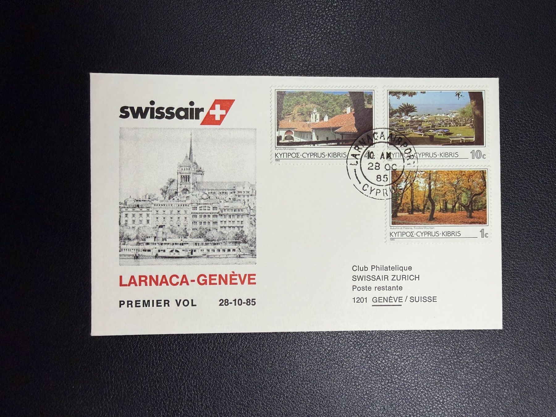 Tous les timbres: Swissair Erstflugbrief Larnaca-Genf 1985 – D'occasion à oberrüti par jeanmei