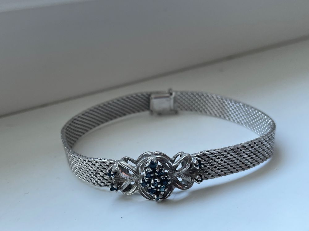 Bracelet Manchette Ancien En Argent 925 Avec Cristaux Bleus - Bijou Vintage, Occasion