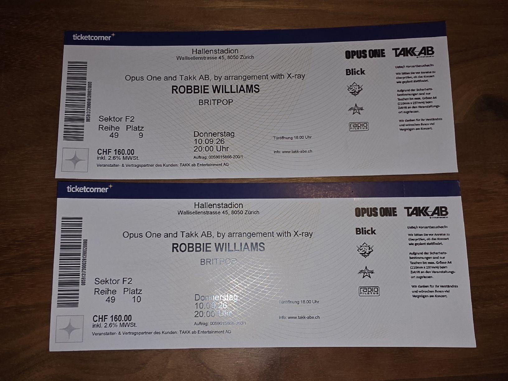 Tickets: Robbie Williams ZWEI Sitzplatz-Tickets BritPop – Neu und originalverpackt aus Sisseln AG von amrm4334