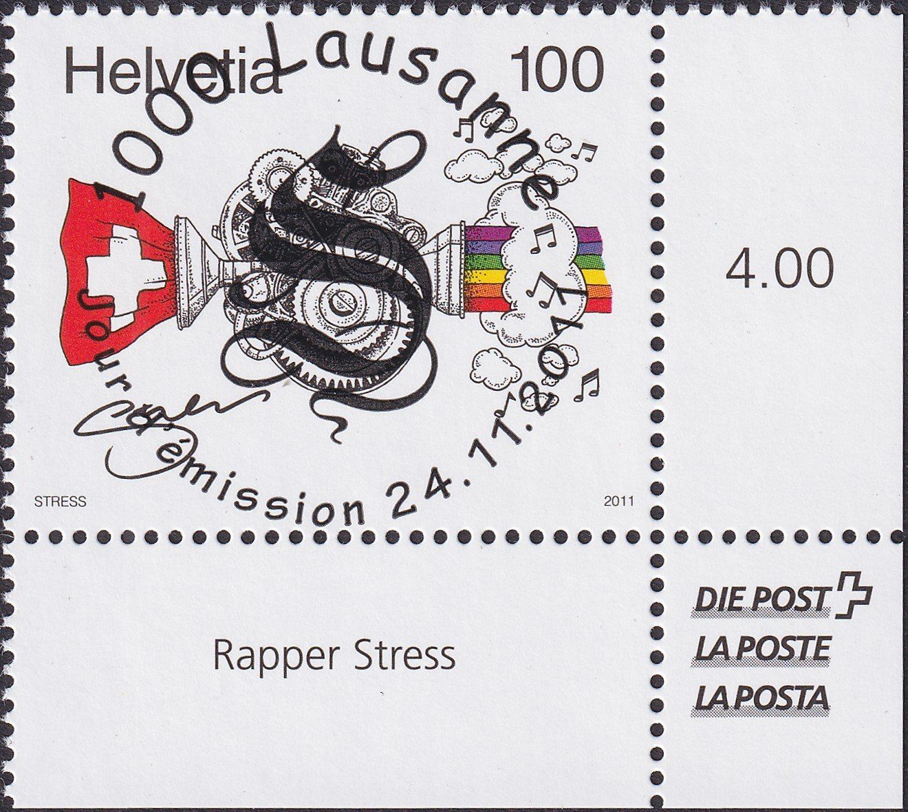 Alle Briefmarken: 2011, Nr.1411 "Rapper Stress" mit ET-Voll-Stempel + TABS. – Gebraucht aus Sursee von Luzernerraute