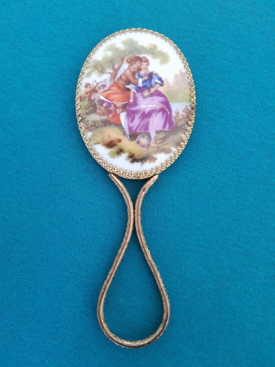 Ancien Miroir De Poche En Porcelaine De Limoges Doré - Fleur Violette Vintage - Occasion