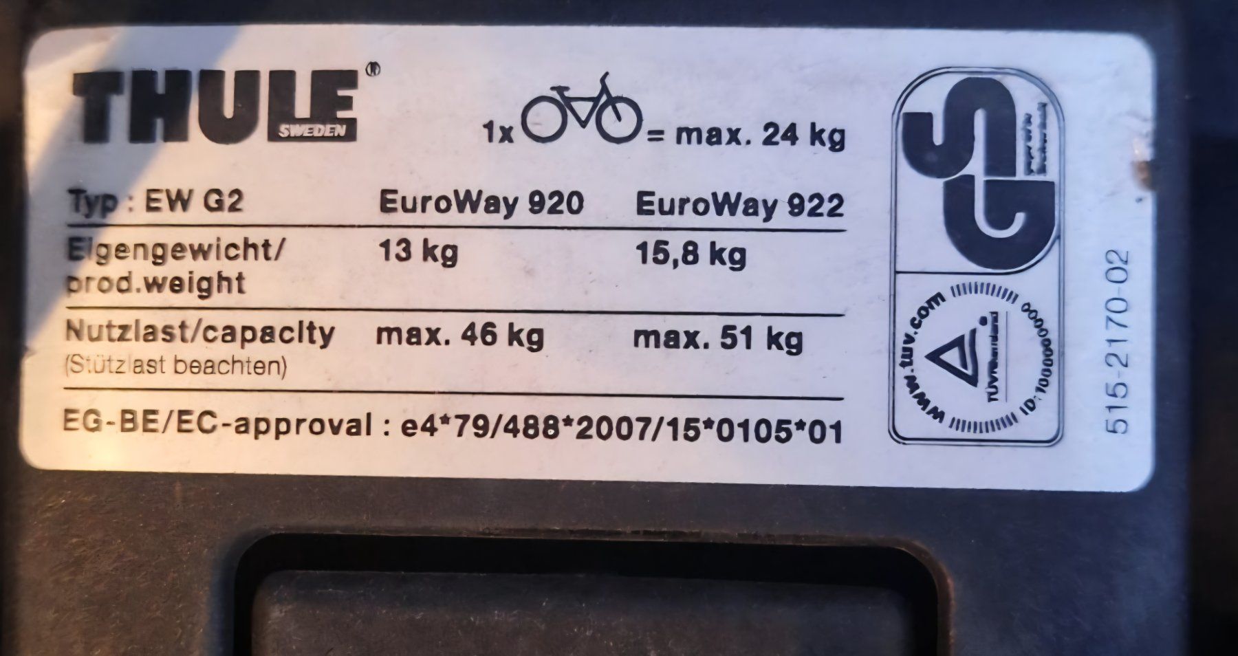 Thule Portapacchi: Fahrradträger Thule EW G2 920 – Usato da Oberuzwil venduto da E-BikeSpig 1