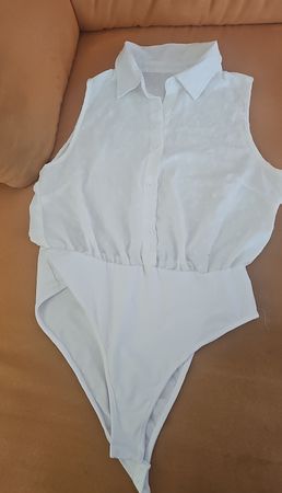 Body blanc sans manches col chemise à pois taille XL neuf