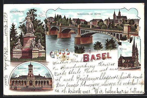 Ansichtskarten: Litho Basel, St. Jakob Denkmal, Wettstei – Gebraucht aus Berlin von bartko-reher