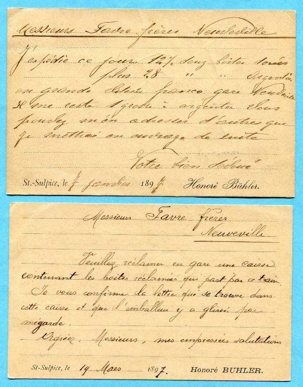 Alle Briefmarken: 2 versch.  Pks St. Sulpice 1897 - Absender: Honoré Bühler – Gebraucht aus Opfikon von Prophila 1