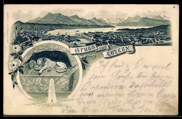 Cartoline postali: AK Luzern, Panorama und Löwendenkmal – Usato da Berlin venduto da bartko-reher