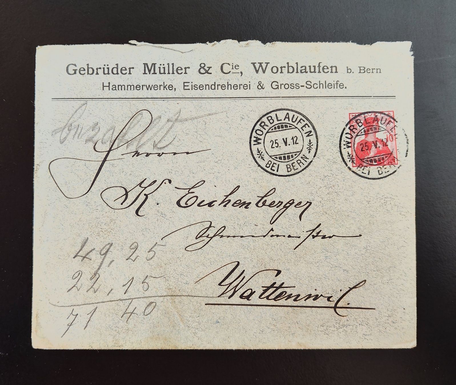 Buste & buste per spedizione: Couvert Müller Worblaufen 1912 – Usato da Lenzburg venduto da Dani_Lenzburg