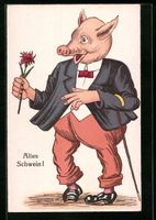Altes Schwein!, mit Blume, vermenschlich