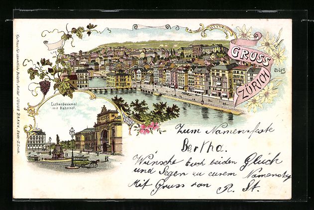 Cartes postales: Litho Zürich, Escherdenkmal mit Bahnhof – D'occasion à Berlin par bartko-reher