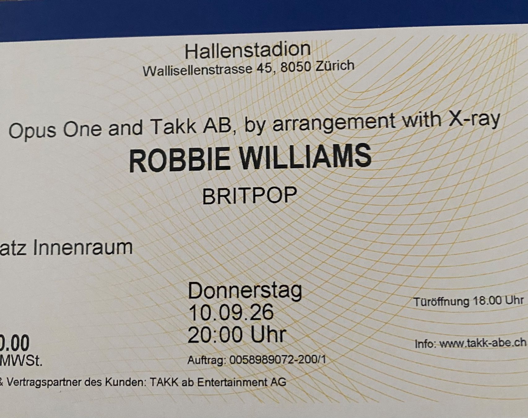Billets: Robbie Williams Konzertticket 10.09.26 – D'occasion à Wittwil par Loggsli