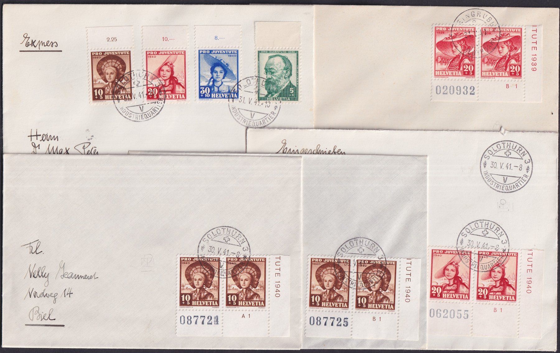 Tous les timbres: 1930-1957, 72 Briefe Pro Juventute mit Abarten v. SOLOTHURN. – D'occasion à Sursee par Luzernerraute